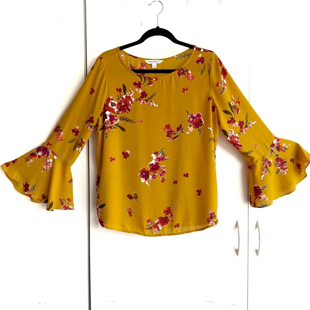 Women’s Counterparts Mustard Floral Bell Sleeve Blouse Size Large